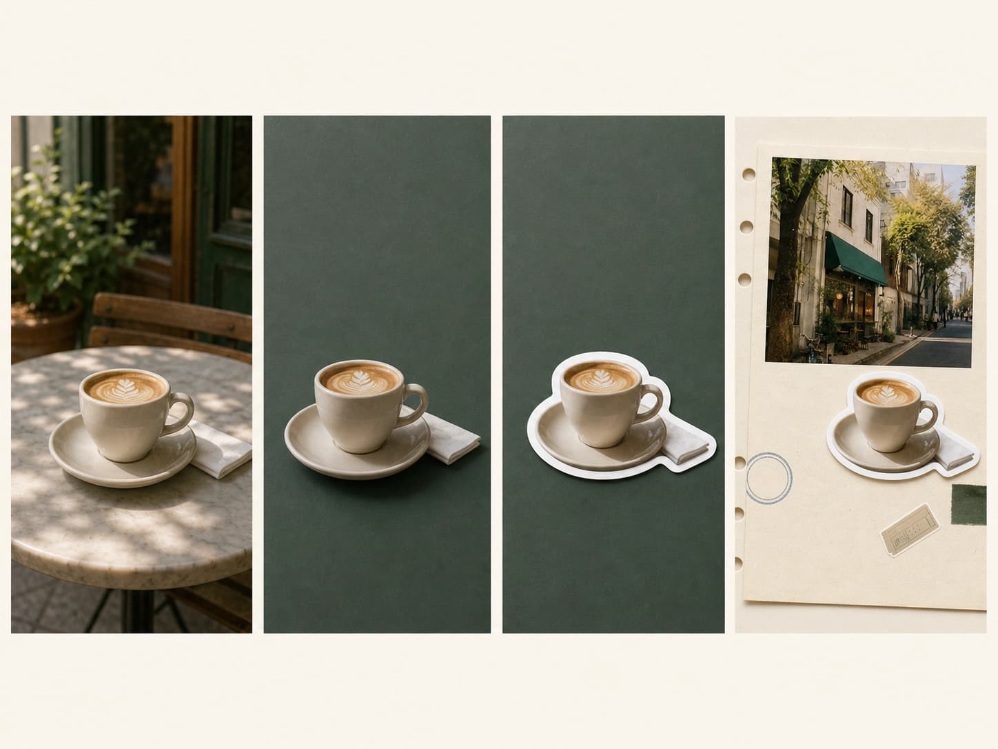 A coffee photo becoming a white-border cutout sticker placed in a physical journal