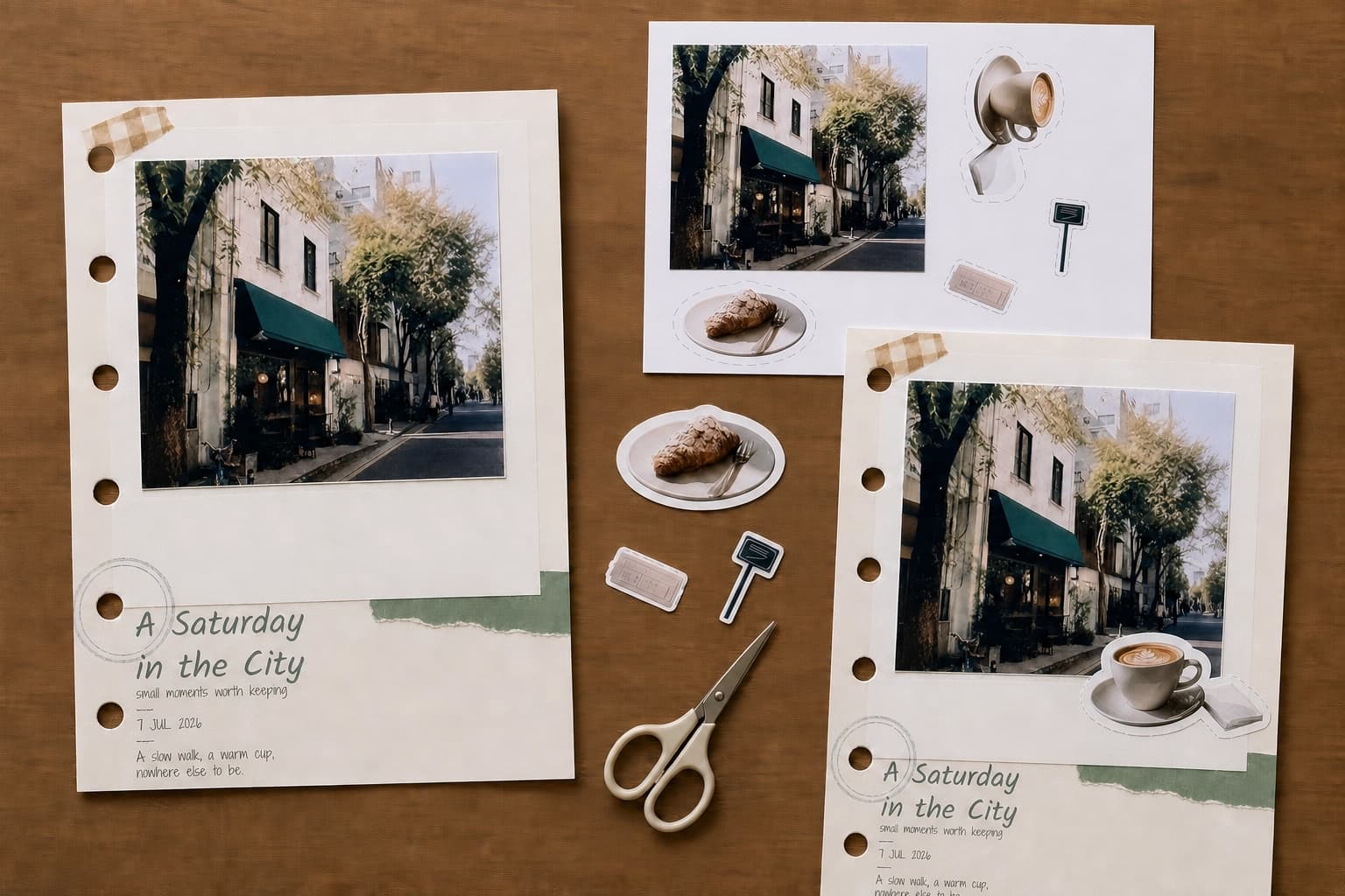 A printed sticker sheet with cut guides beside scissors and physical journal pages